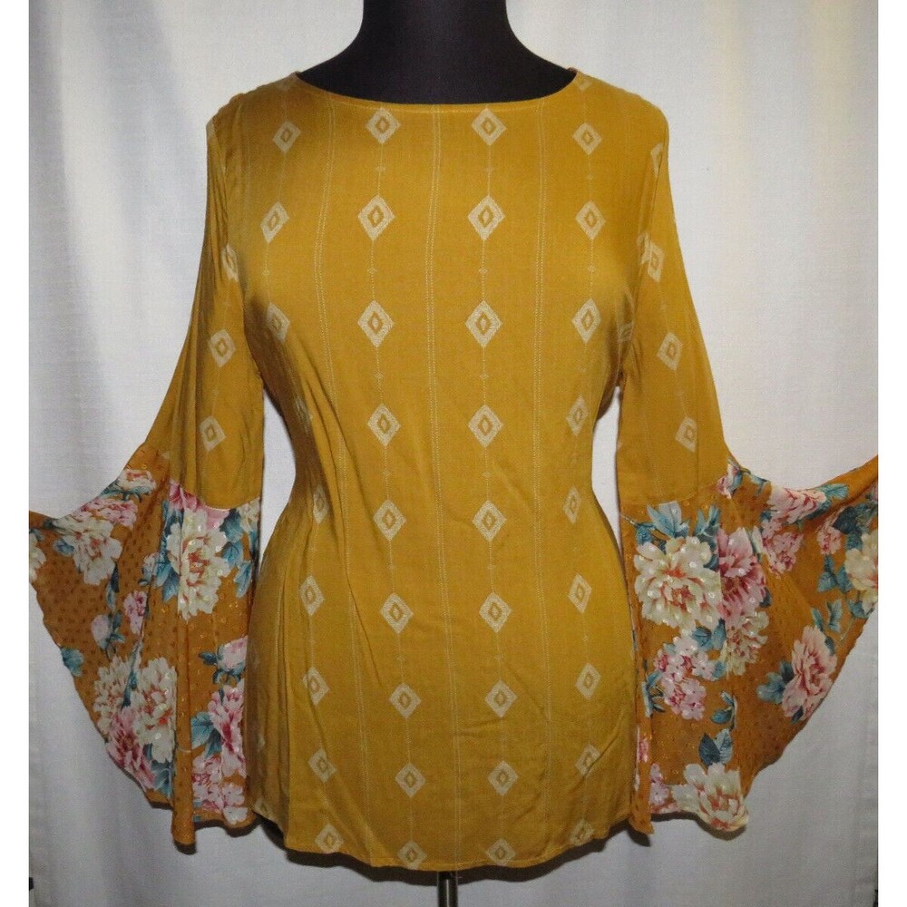 Mustard Geo Print Floral Challis Bell Sleeve Boho Blouse Plus Size 1X 14-16 - Picture 13 of 14